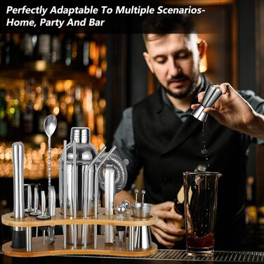 Набір для коктейлів 12 шт. з нержавіючої сталі 750 мл з підставкою з бамбука та книгою рецептів, набір шейкерів для коктейлів, подарунок для чоловіків та жінок (домашній бар, вечірка, весілля), сріблястий