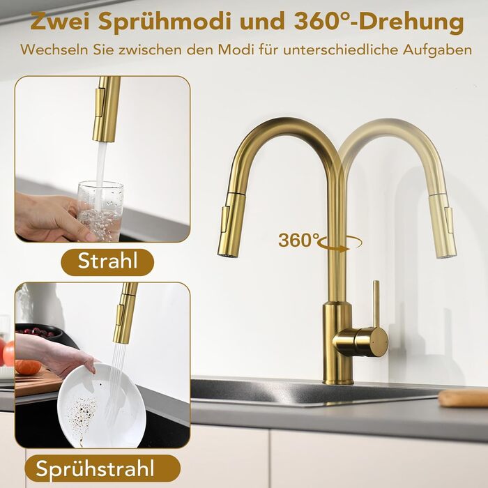Змішувач кухонний з висувною лійкою та душовою насадкою, поворотний на 360°, 2 режими, нержавіюча сталь (золотий)