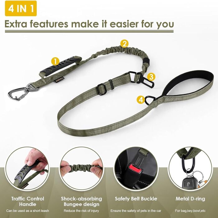 Тактична повідок для собак AUBELL, міцна, світловідбиваюча, без натягу, з амортизатором, для середніх та великих собак, з м'якою ручкою, авторемнем безпеки, поворот на 360°, 1.2-1.8 м, зелена