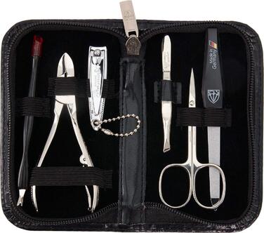 Набір манікюру DREI SCHWERTER 'Torino' 6 предметів | Німецький манікюрний набір у чорному екошкіряному етикеті | Шкірна ножиці, кусачки для нігтів, щипці, пінцет, шліфувальний баффік з сапфіром, лопатка для видалення кутикули