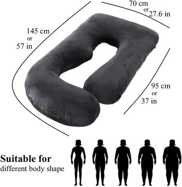 Подушка для вагітних ALLOPERA 145 см, повного тіла з знімним чохлом - підтримка спини, шиї, плечей, ніг, живота. Велюрова обкладинка (Чорний/Сірий)