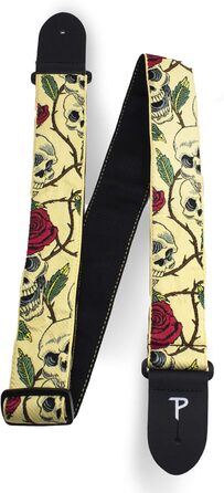 Гітарний ремінь Perri's Leathers Rose - Нейлон, жаккард, рожевий та черепи - для акустичної/басової/електрогітари - виготовлено в Канаді