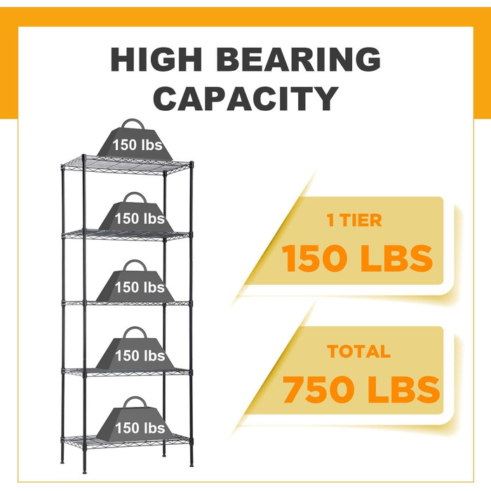 BestOffice 5-Tier Wire Shelving Unit - Heavy Duty Metal Storage Rack