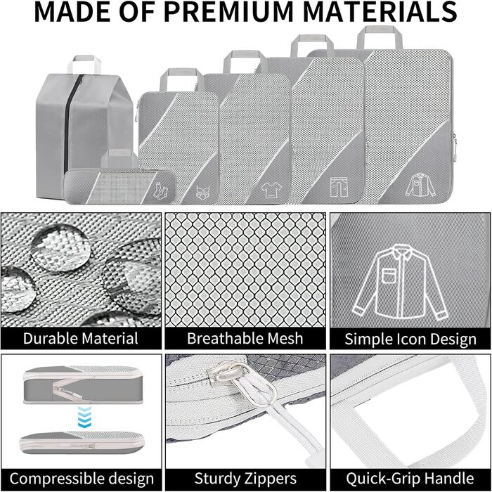 Органайзер для валізи, набір 6 шт. Компресійні куби для пакування, органайзер для подорожей, сірий