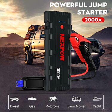 Powerbank NEXPOW Starthilfe: портативний пусковий пристрій для автомобіля 2000A, 12V, USB-швидка зарядка 3.0 (до 7.0L бензин/6.5L дизель), LED-ліхтар, чорний