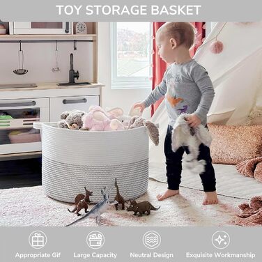TIMEYARD XXL Large Laundry Basket, Storage Basket, Children's Laundry Basket, Storage Basket for Toys Cotton Rope, Basket with Handles for Blankets and Pillows, 55x35cm, White with