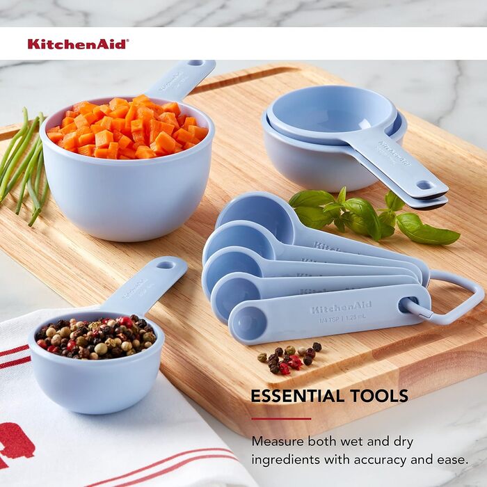 Набір мірних кухлів і ложок KitchenAid, 9 предметів, універсальні, з м’якою ручкою, для точної кулінарії, легке зчитування, отвір для підвішування, можна мити в посудомийній машині