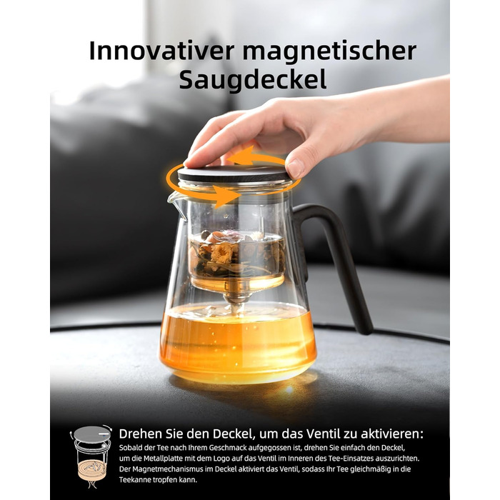 Чайник ZENS Magic з боросилікатного скла з ситом, 1000 мл, з магнітним кришкою та ручкою з чорного горіха