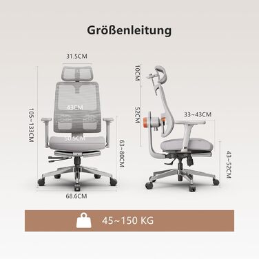 Офісне крісло Newtral MAGICH-PRO з підніжкою: ергономічне, з підтримкою голови та попереку, до 150 кг, сірого кольору