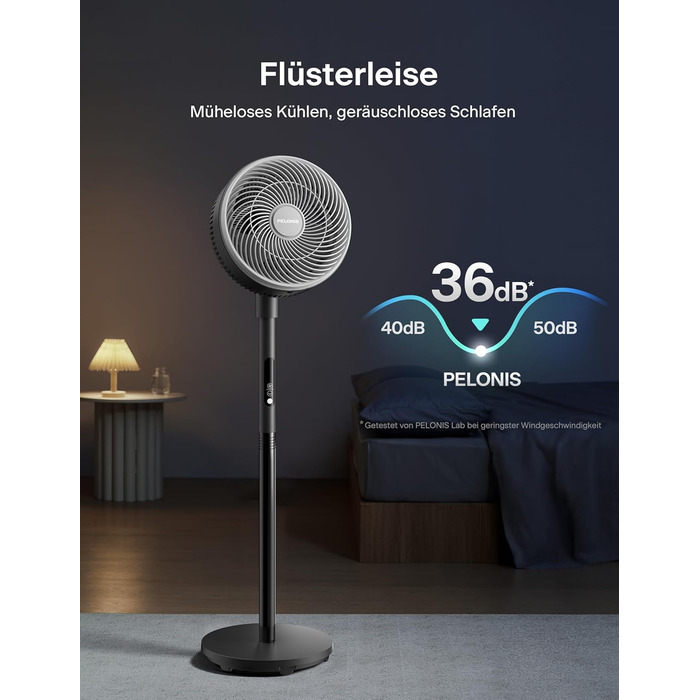 Турбовентилятор PELONIS з пультом керування, дисплеєм, 3D циркуляцією, 36.5dB, 10м повітряний потік, регульована висота 60/111см, 4 швидкості з таймером, знімний захист, поворотний, 92см, чорний