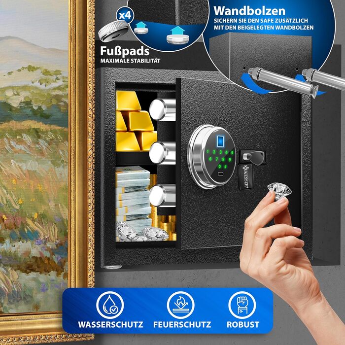 Електронний сейф KESSER® з відбитком пальця та ключем L | Вбудований акумулятор | 3x подвійний замок | Настінний/підлоговий сейф | Чорний