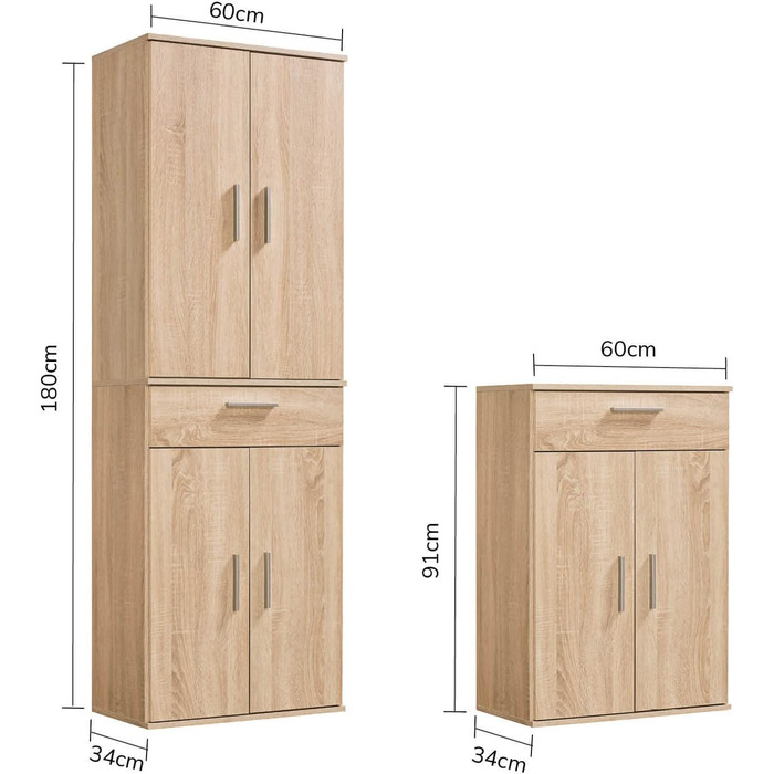 Multipurpose cabinet 60cm wide with drawers 'The Practical', small office cabinet or filing cabinet, also as a shoe cabinet or storage cabinet in 60x90x34 cm (W/H/D) in White (Height 180CM, Sonoma Oak -69)