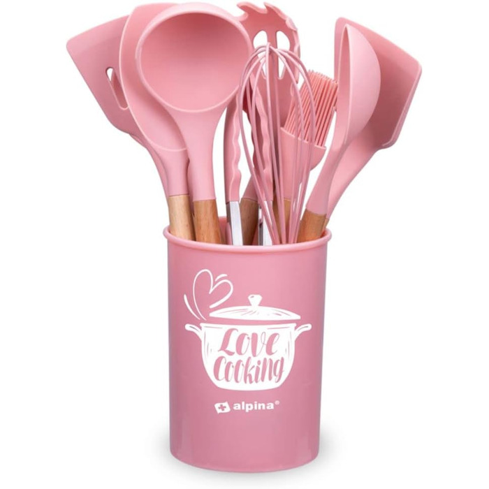 Набір кухонних аксесуарів Alpina 7 предметів з поворотним підставкою - кухонні інструменти, силікон, рожевий