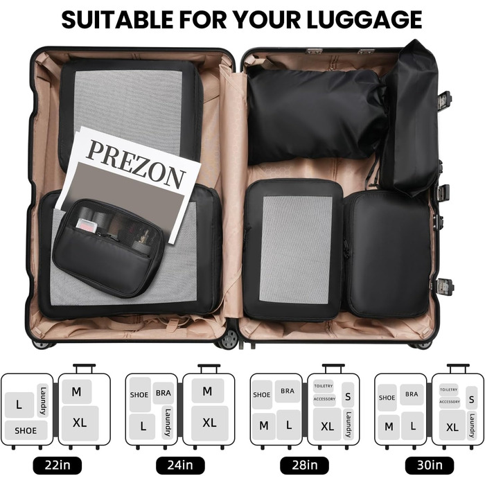 Органайзери для валізи Prezon, набір 8 шт, чорні, легкі, для подорожей