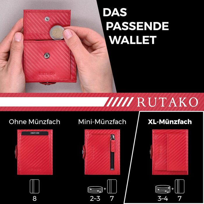 RUTAKO Slim Wallet with XL Coin Pocket & RFID Protection - Card Holder for Men & Women - Small Credit Card Holder - Mini Wallet - Purse/Wallet Small - Wallet Carbon Red