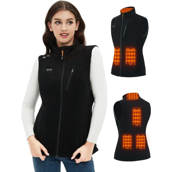 Тепла флісова жилетка з підігрівом для жінок Telguua з акумулятором 5V 10000mAh, 6 зон нагріву, 3 рівні температури, для кемпінгу, походів, сноубордингу, катання на лижах, чорна
