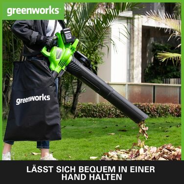 Акумуляторний садовий пилосос-воздуходув Greenworks 48В (2x24В), безщітковий двигун, 322 км/год, 9 м³/хв, мішок 45 л, без акумуляторів та зарядного, ремінь, 3 роки гарантії, GD24X2BV
