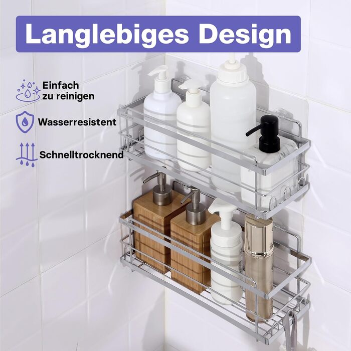 Поличка для душу KINCMAX без свердління з нержавіючої сталі, самоклеюча, з гачками (срібна). Комплект з 2 поличок (прямі, срібні)