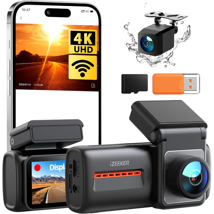 iZEEKER 4K Автомобільний відеореєстратор (Dashcam) з Wi-Fi, 32GB SD-карткою, двоканальний запис 4K+1080P, IPS-дисплей 2.99', Нічне бачення, G-сенсор, Запис по колу, Паркувальний режим 24/7