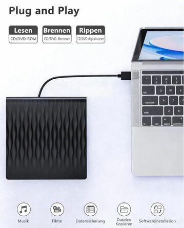 Зовнішній DVD/CD привід DANGZW USB 3.0 Type-C, портативний DVD-брунер та плеєр для ноутбука та ПК, сумісний з Windows, MacOS, Linux (чорний глянцевий)