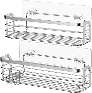 Avoalre Shower Caddy, Stainless Steel Shower Shelf, No Drilling Required, Shower Basket with Strong Adhesive, 2 Pack, Lightweight Shower Shelf with 1 Movable Suction Hook