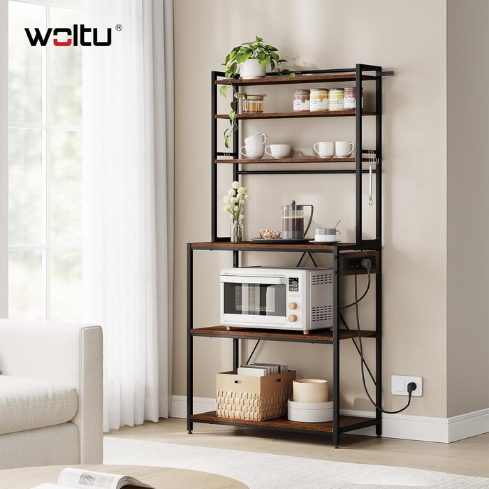 Кухонна полиця WOLTU з 6 ярусами, з розетками, для мікрохвильової печі, з металевим каркасом, регульовані полиці, Чорний+Рустик Браун, 60 x 167 x 40 см (Чорний+Вінтаж Браун, 80 x 39,5 x 167 см)