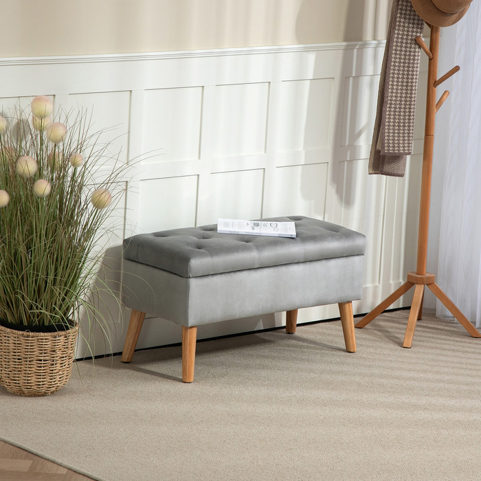 HOMCOM Storage Bench, Upholstered Bench with Lid, Bed Bench with Velvet Look, for Entryway, Bedroom, Living Room, Rubber Wood 102 x 35 x 43 cm Grey | Aosom
