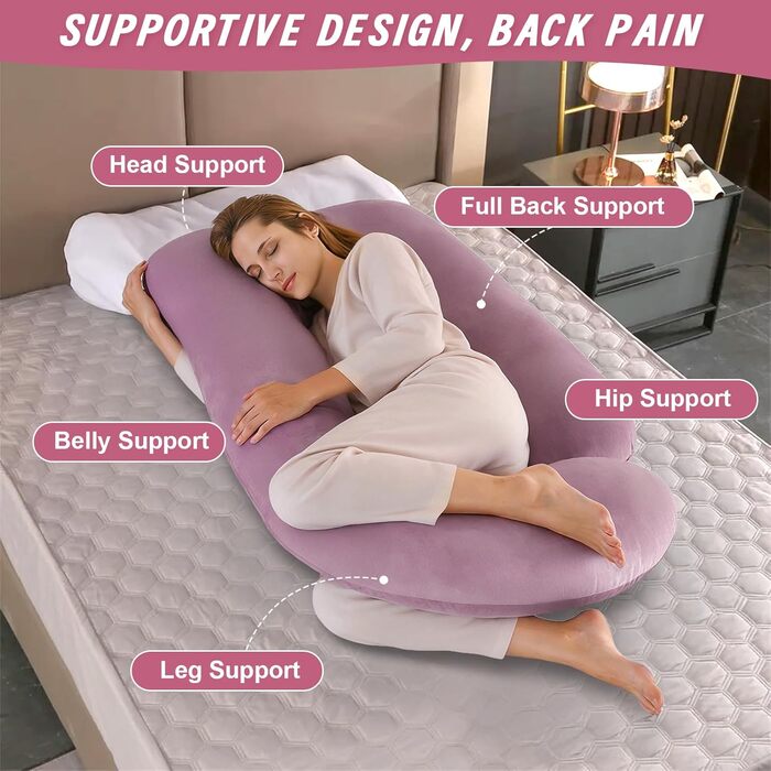 Подушка для вагітних Otauoaea J-подібної форми, подушка для годування XXL, подушка для сну на боці, 145x70 см (рожева, велюр)