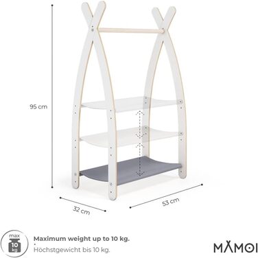 MAMOI® Clothes Rail Baby Nursery | Children's Clothes Rail 106x95x32cm / 53x95x32cm | Children's Clothes Rack Baby | Coat Stand | Baby Wardrobe | Children's Wardrobe | 100% ECO | Made in EU (1 Module - 1 Shelf, White - Grey)