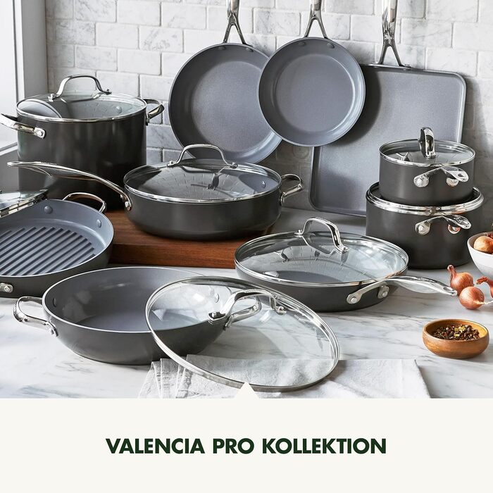 GreenPan Valencia Pro сковорода з антипригарним покриттям Harteloxierte Gesunde Keramik, 20 см та 26 см, не містить PFAS, ручка з нержавіючої сталі, для індукційних плит, можна мити в посудомийній машині та використовувати в духовці, сірий колір