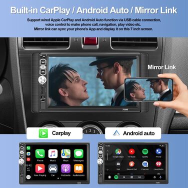 Автомагнітола SIXWIN 1 DIN з 7'' сенсорним екраном, Apple CarPlay, Android Auto, Bluetooth, FM, USB/AUX/TF, з камерою заднього виду, мікрофоном та пультом