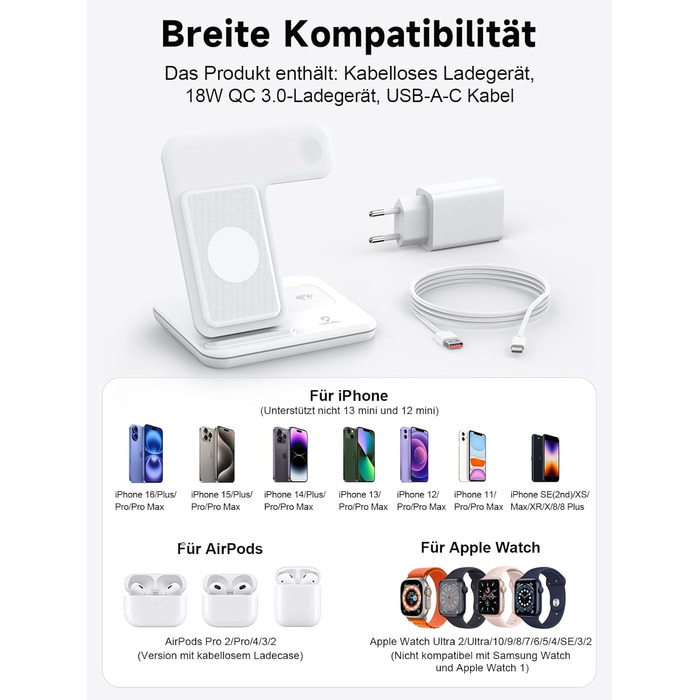 Бездротова зарядка 3-в-1 для Apple iPhone, Apple Watch та AirPods (біла)