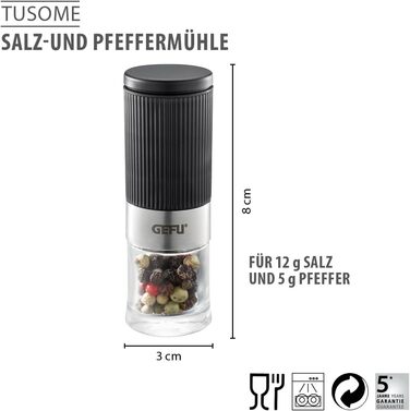 Набір мельниць для солі та перцю GEFU TUSOME, 2 шт. – міні мельниці з регульованим керамічним механізмом та кришками для аромату. Включає набір для сервірування столу |