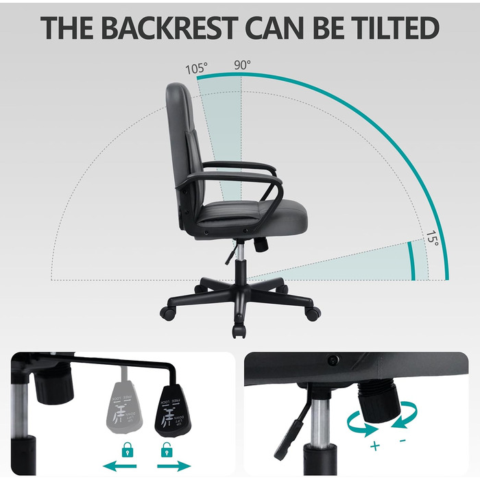 Офісне крісло MIXASTEP з PU-шкіри, регульована висота, поворотне, з підлокітниками та колесами 360°, для роботи, навчання, геймінгу (сірий)