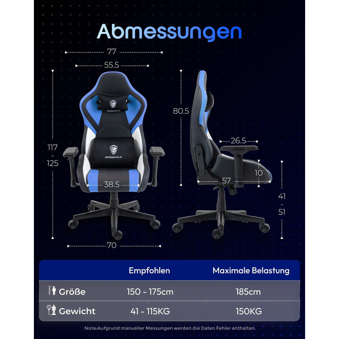 Ігровий крісло Dowinx з 4D підлокітниками, функцією гойдання 15° та регулюванням спинки до 165°, масажний, ергономічний, дизайн у стилі гоночного авто, для геймерів, Esport, максимальне навантаження 135 кг (блакитний)