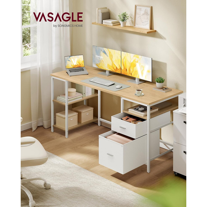 Комп'ютерний стіл VASAGLE з 3 полицями та 2 шухлядами, 160 x 60 x 76 см (натуральний дуб та перламутровий білий)