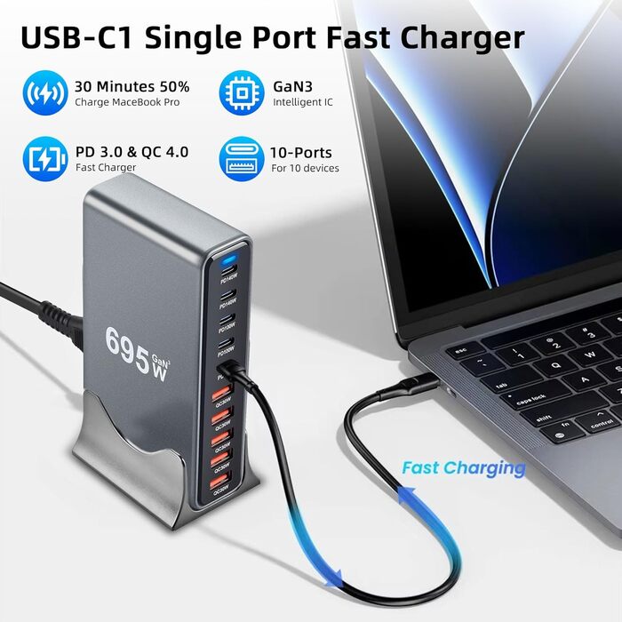 Зарядний пристрій Arceli USB-C 695W 10 портів GaN III: швидка зарядка для iPhone 16/15/14 Pro Max, Samsung Galaxy, MacBook, планшетів, ноутбуків