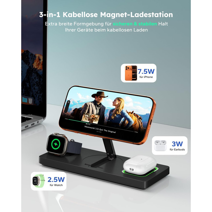 MagSafe зарядна станція 3-в-1 для iPhone, Apple Watch та AirPods (20W адаптер) - Чорна, складна індуктивна зарядка MagSafe сумісна з iPhone 17/16/15/14/13/12