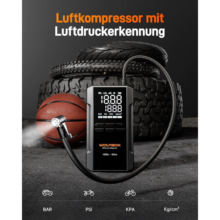 WOLFBOX 4000A: Портативний пусковий пристрій з компресором 160PSI, 12V, 65W, 88.8Wh для бензинових/дизельних двигунів, LED-ліхтар, кабелі для підключення