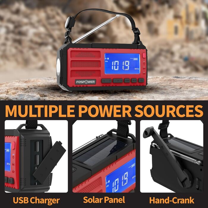 Радіоприймач FosPower NOAA/AM/FM з Power Bank 19240mAh (5200mAh) – Сонячна/USB/Ручна зарядка, SOS-сигнал, Ліхтарик, Помаранчевий (D8)