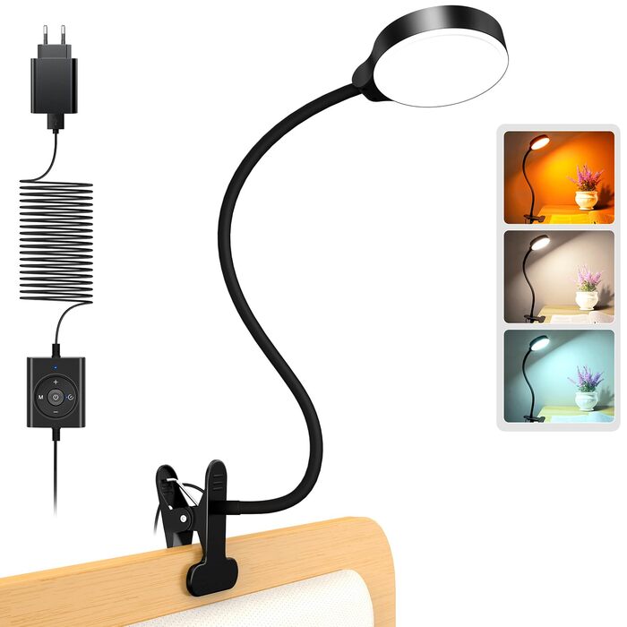 Glocusent 5W LED Лампа для читання на ліжко, кліпса, 36 LED, 5 рівнів яскравості, гнучкий тримач, CRI 90, USB зарядка (біла)