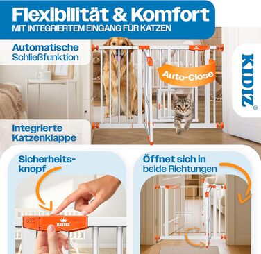 Захисне ворота KIDIZ для дітей з люком для котів, без свердління | Захист від падіння, поворотне, біле/помаранчеве, ширина 74-80 см