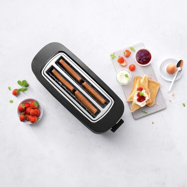 ZWILLING ENFINIGY Toaster with 3 automatic programs, 7 browning levels, and an auto-off function, long-slot toaster for 4 short or 2 long slices, with a roll holder attachment, Black with attachment Black