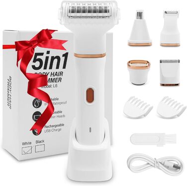 Електричний жіночий бритва 5-в-1 для тіла, бікіні та носа, водонепроникний (IPX7), для сухого та вологого гоління, з тримером, USB-зарядка
