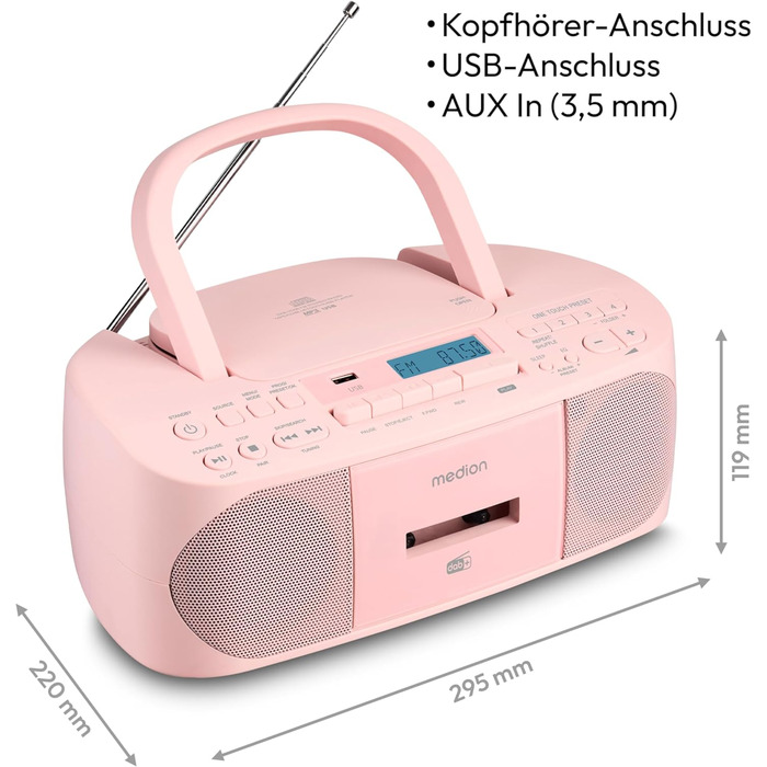 MEDION DRX-1 Plus Boombox: Портативна радіосистема з DAB+, Bluetooth, CD-плеєром, MP3, касетним провідником, AUX, акумулятором та мережевим живленням, зелений/рожевий колір