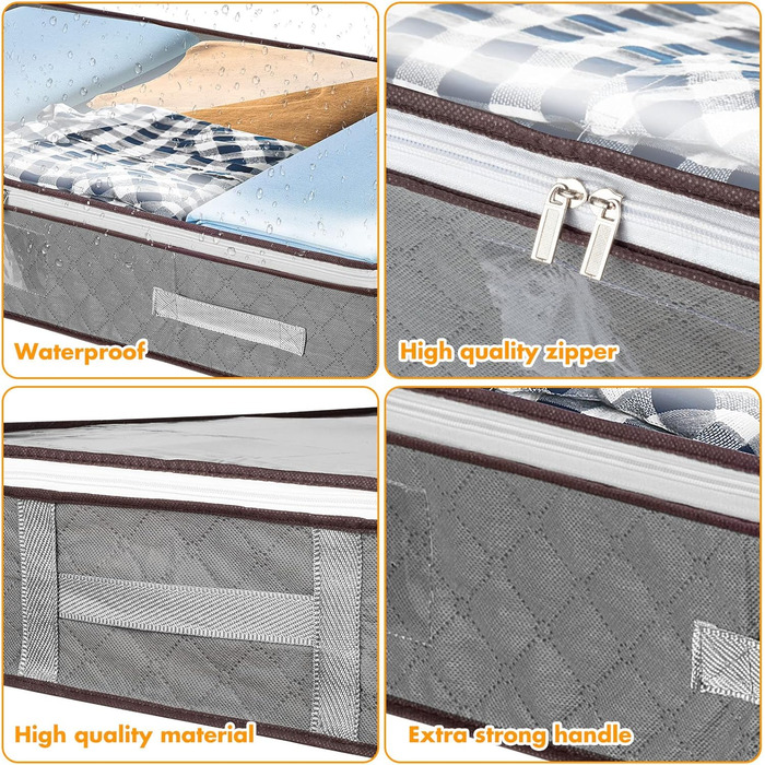 4 шт. Кошики для зберігання під ліжком з кришкою, великі складні коробки для зберігання з блискавкою, органайзери для одягу, постільної білизни та ковдр, посилені ручки (сірий)
