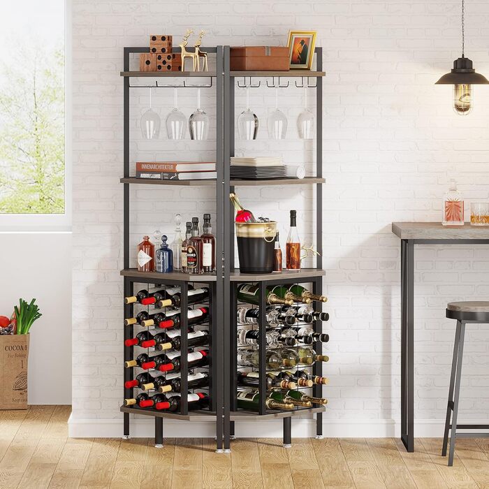 Tribesigns Wine Rack Freestanding Floor, 4-Tier Corner Wine Rack with Glass Holder & Wine Storage, Industrial Wine Rack Wine Bar Cabinet for Bar, Kitchen, Dining Room, Grey