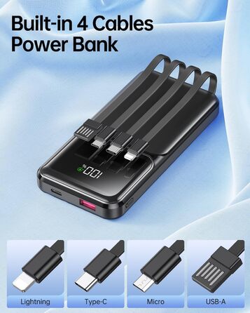 Power Bank 15000mAh з 4 кабелями, портативний зарядний пристрій 22.5W PD20W USB-C для iPhone, Samsung, Huawei та інших пристроїв. LED-індикатор.