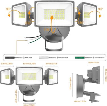 Onforu LED Floodlights with Motion Sensor Outdoor 55W, 5000 LM LED Floodlight, Outdoor Spotlight with Adjustable 3 Heads, 6500 K Cool White Spotlight, IP65 Waterproof Floodlight for Garage, Garden, Yard (Gray)