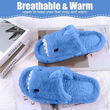 Тапочки жіночі OFF-CUP з м'якою підкладкою, форма акули, антиковзкі, зручні, з пам'яті ефектом, плюшеві, для дому та вулиці (40/41, блакитні)